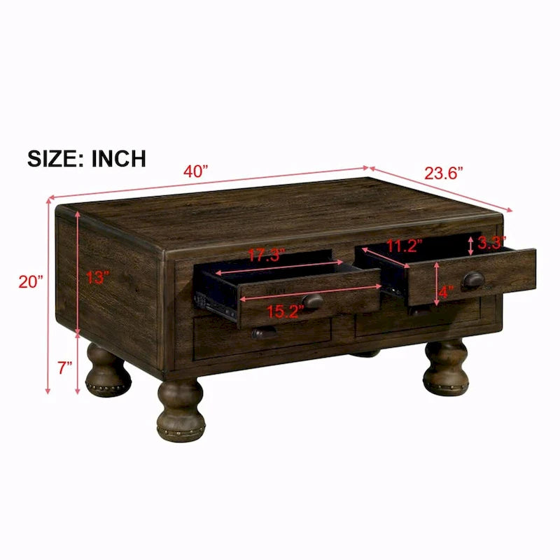 Table basse rectangulaire en bois massif antique marron / expresso avec 4 tiroirs – 101,6 cm de long