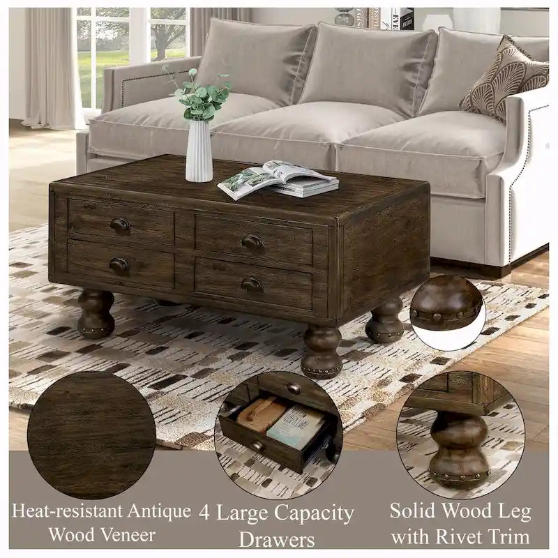 Table basse rectangulaire en bois massif antique marron / expresso avec 4 tiroirs – 101,6 cm de long