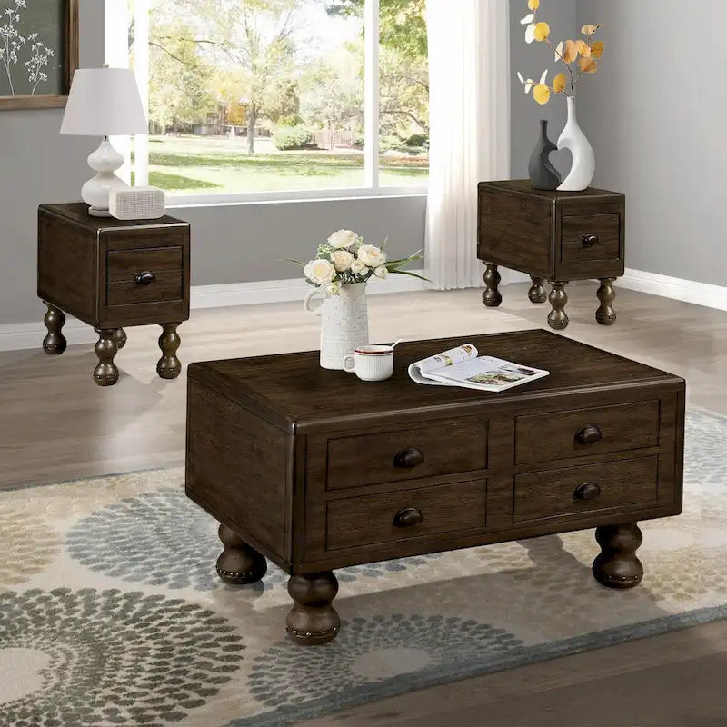 Table basse rectangulaire en bois massif antique marron / expresso avec 4 tiroirs – 101,6 cm de long
