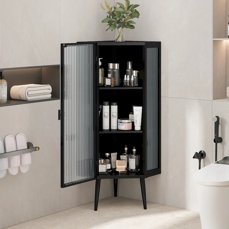 Meuble d'angle 3 étagères en fer et verre trempé noir/blanc avec porte vitrée – Simple