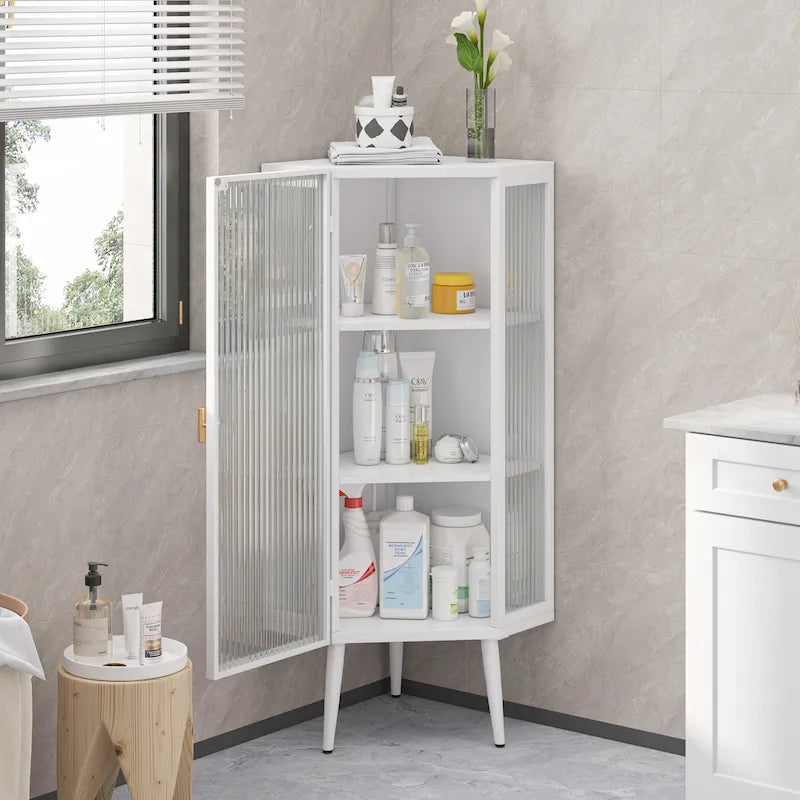 Meuble d'angle 3 étagères en fer et verre trempé noir/blanc avec porte vitrée – Simple