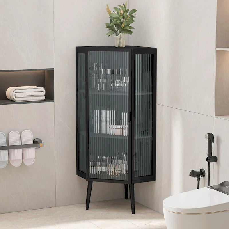 Meuble d'angle 3 étagères en fer et verre trempé noir/blanc avec porte vitrée – Simple