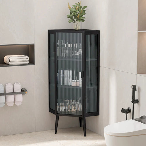 Meuble d'angle 3 étagères en fer et verre trempé noir/blanc avec porte vitrée – Simple