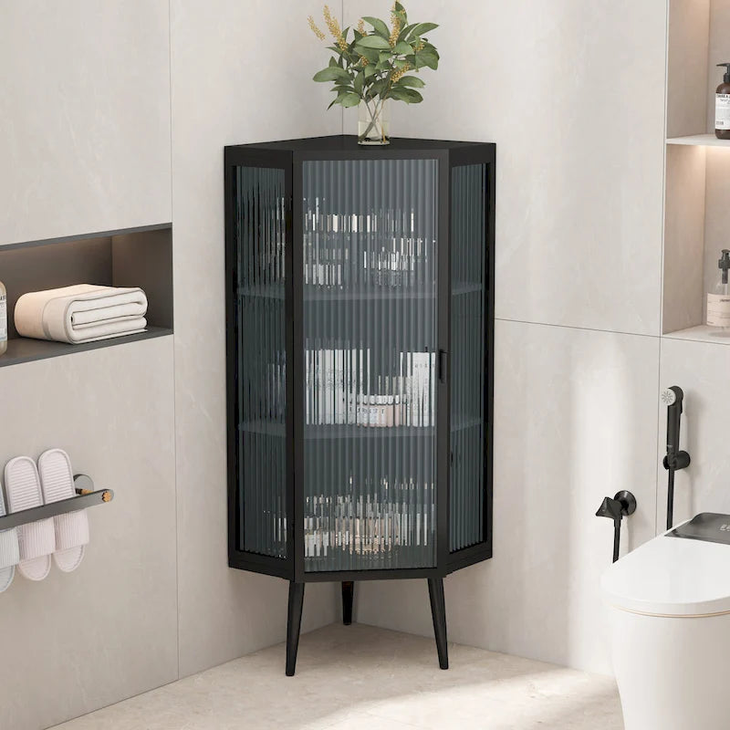 Meuble d'angle 3 étagères en fer et verre trempé noir/blanc avec porte vitrée – Simple