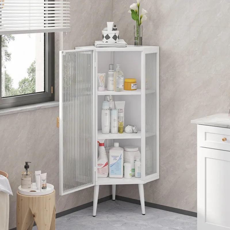 Meuble d'angle 3 étagères en fer et verre trempé noir/blanc avec porte vitrée – Simple