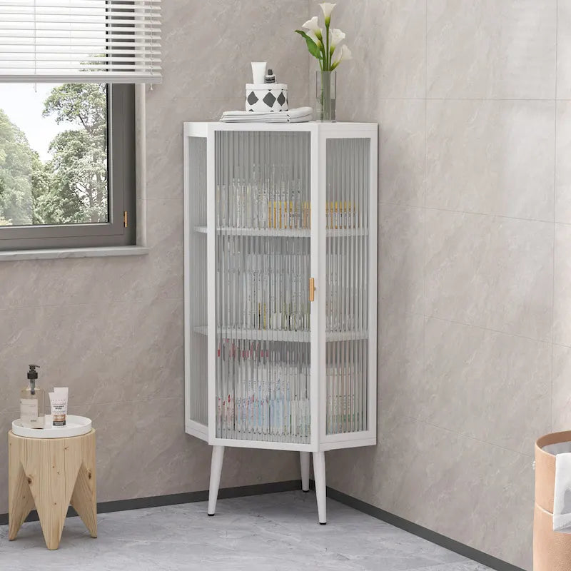 Meuble d'angle 3 étagères en fer et verre trempé noir/blanc avec porte vitrée – Simple
