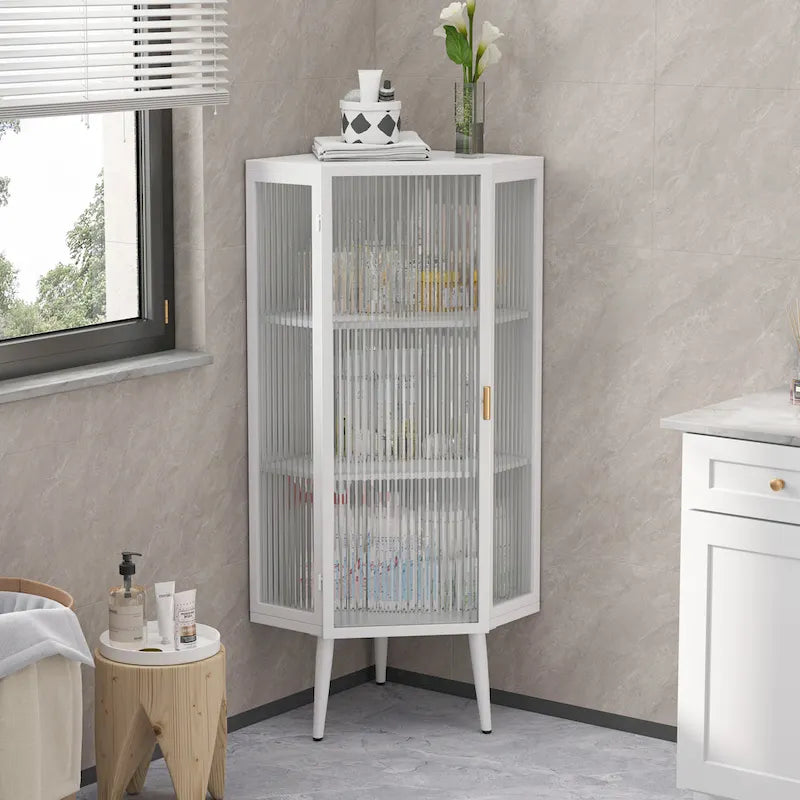 Meuble d'angle 3 étagères en fer et verre trempé noir/blanc avec porte vitrée – Simple