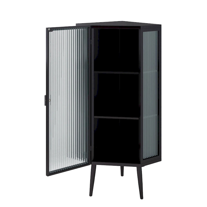 Meuble d'angle 3 étagères en fer et verre trempé noir/blanc avec porte vitrée – Simple
