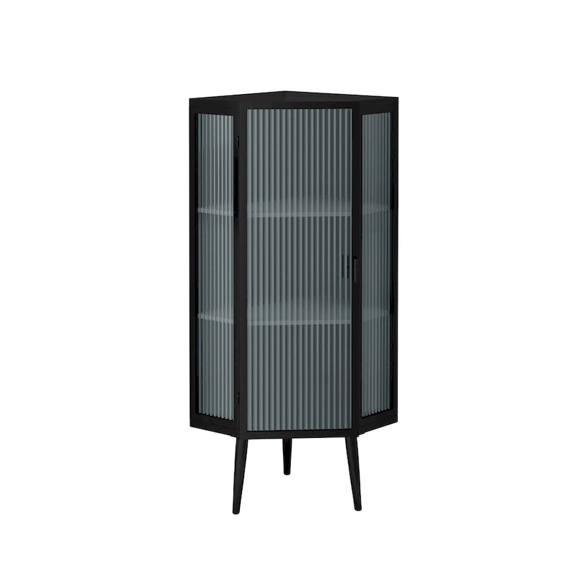 Meuble d'angle 3 étagères en fer et verre trempé noir/blanc avec porte vitrée – Simple
