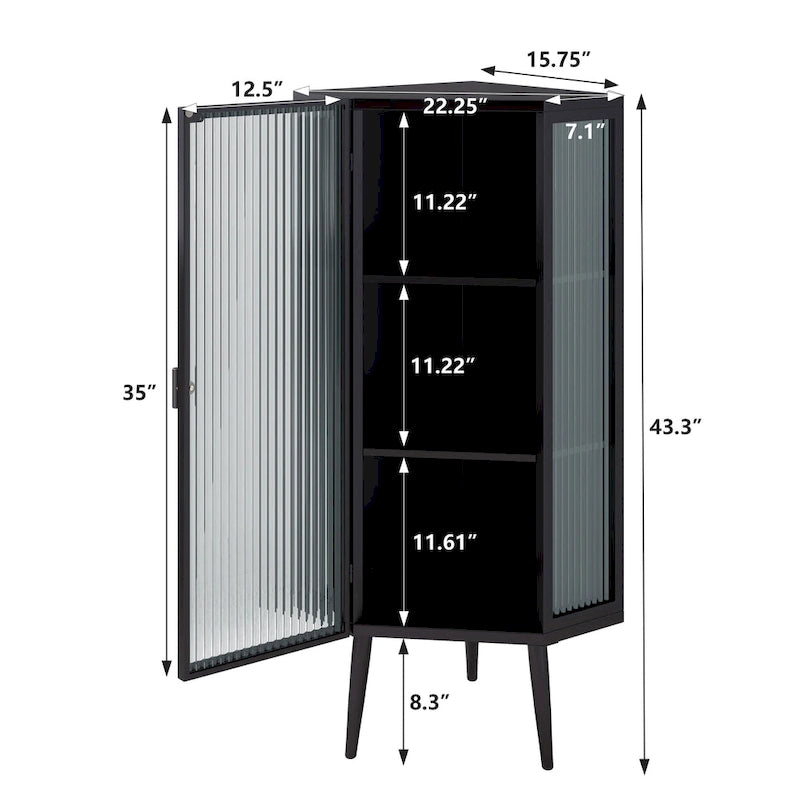Meuble d'angle 3 étagères en fer et verre trempé noir/blanc avec porte vitrée – Simple