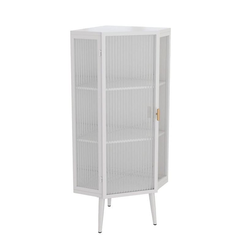 Meuble d'angle 3 étagères en fer et verre trempé noir/blanc avec porte vitrée – Simple