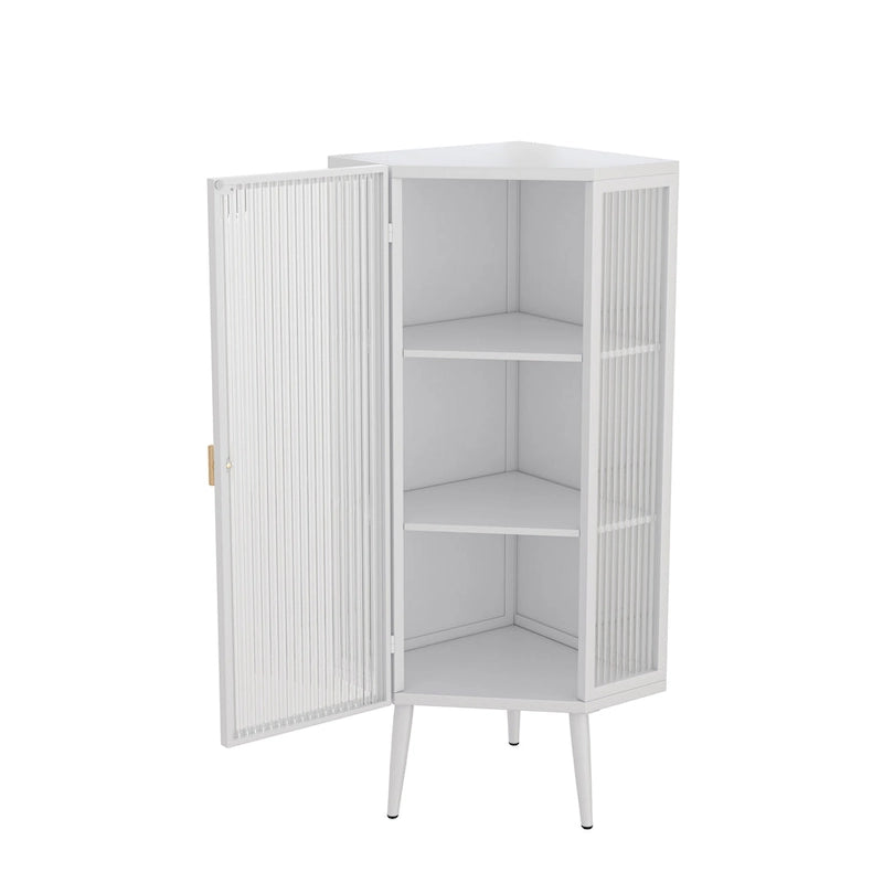 Meuble d'angle 3 étagères en fer et verre trempé noir/blanc avec porte vitrée – Simple