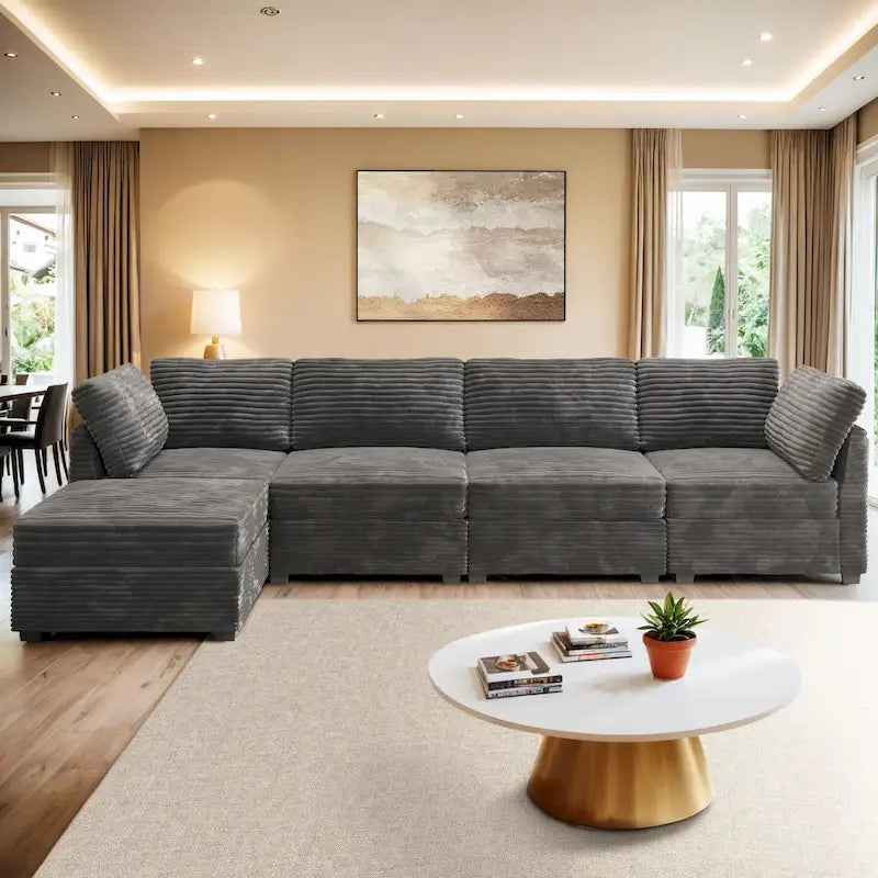 Canapé trois places en velours moelleux gris/noir/beige avec ottomane