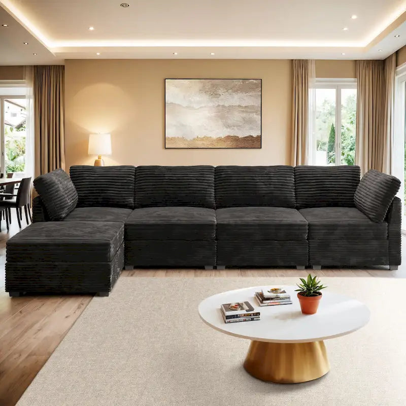 Canapé trois places en velours moelleux gris/noir/beige avec ottomane