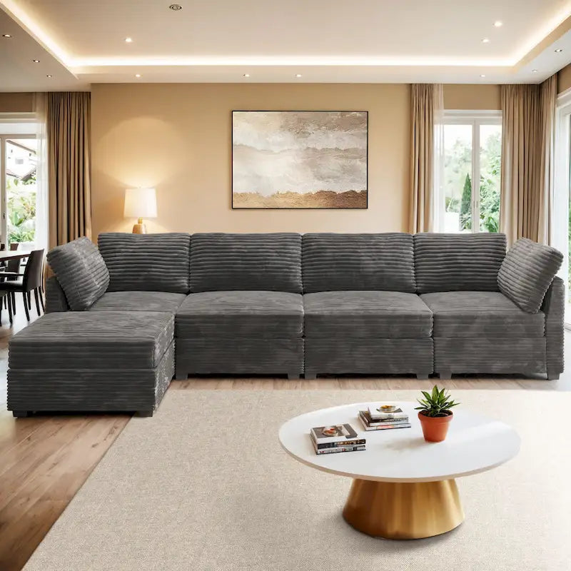 Canapé trois places en velours moelleux gris/noir/beige avec ottomane