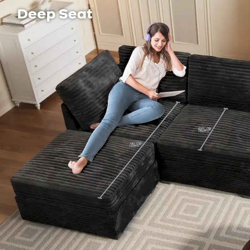 Canapé trois places en velours moelleux gris/noir/beige avec ottomane