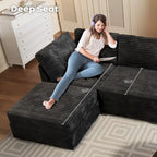 Canapé trois places en velours moelleux gris/noir/beige avec ottomane