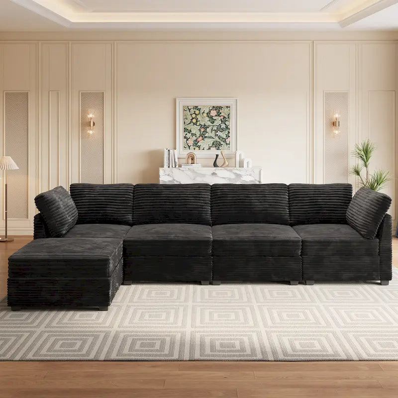 Canapé trois places en velours moelleux gris/noir/beige avec ottomane