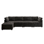 Canapé trois places en velours moelleux gris/noir/beige avec ottomane