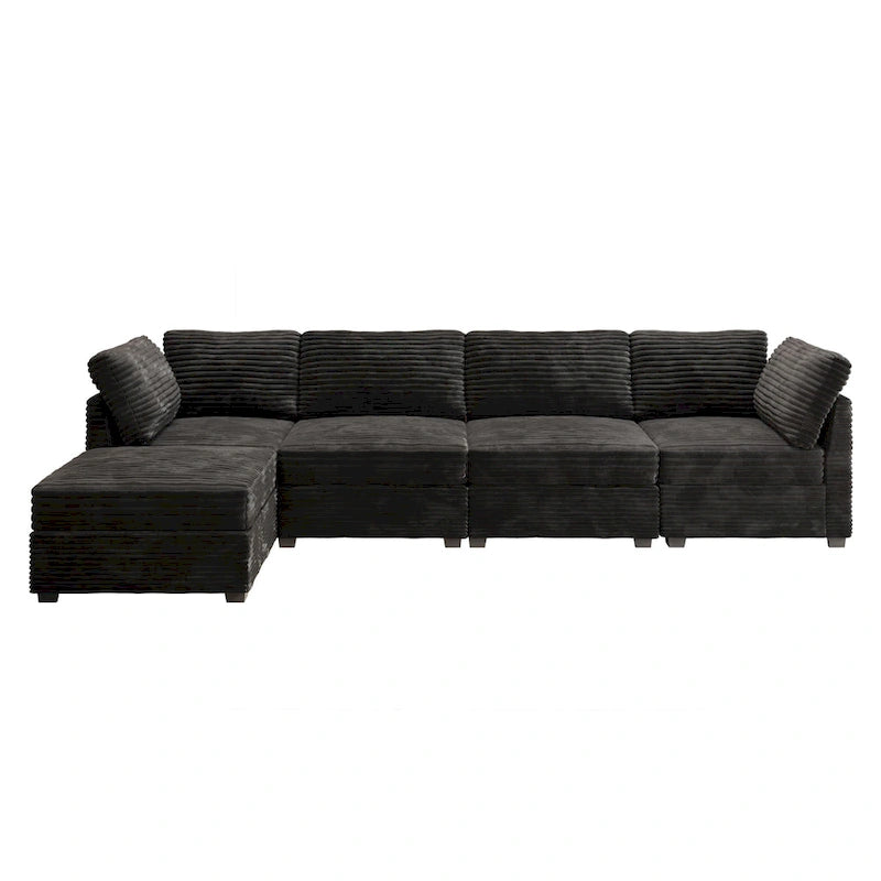 Canapé trois places en velours moelleux gris/noir/beige avec ottomane