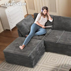 Canapé trois places en velours moelleux gris/noir/beige avec ottomane
