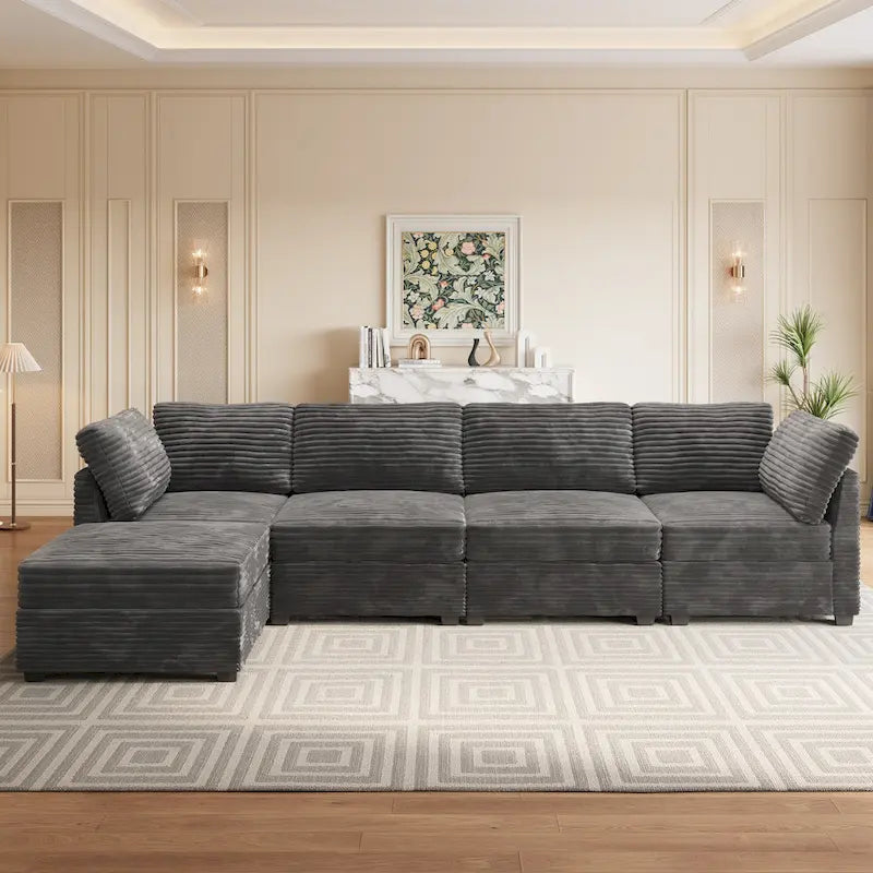 Canapé trois places en velours moelleux gris/noir/beige avec ottomane