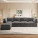 Canapé trois places en velours moelleux gris/noir/beige avec ottomane