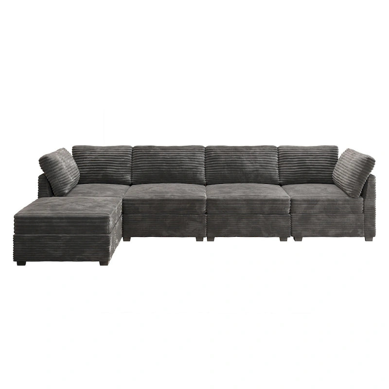Canapé trois places en velours moelleux gris/noir/beige avec ottomane