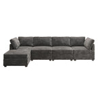 Canapé trois places en velours moelleux gris/noir/beige avec ottomane