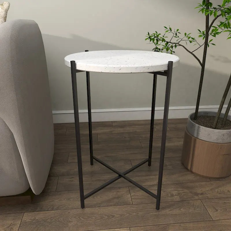 Table d'appoint ronde en terrazzo blanc avec pieds en fer noir – Unité