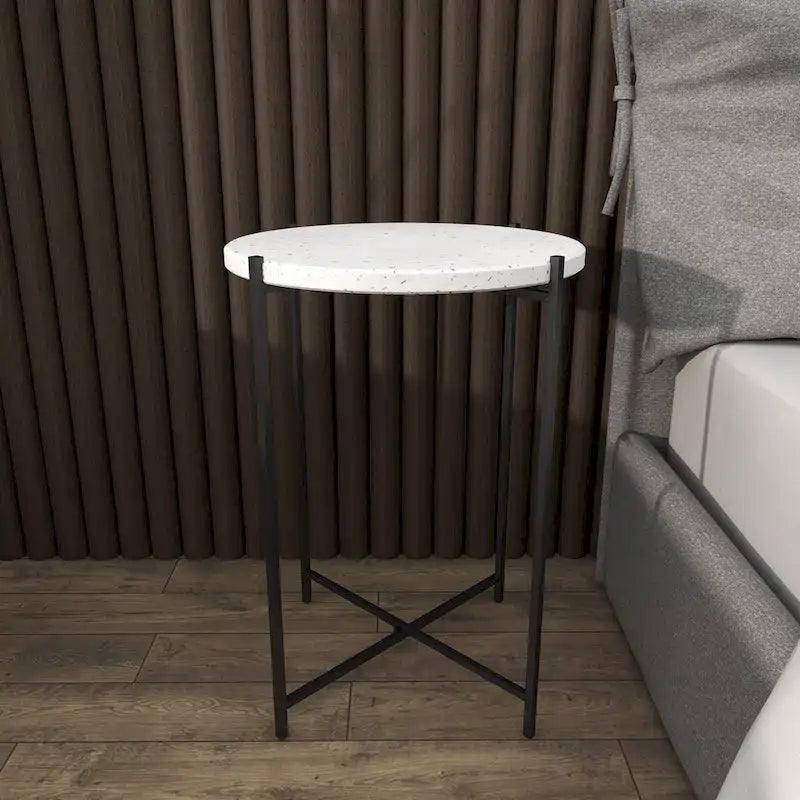 Table d'appoint ronde en terrazzo blanc avec pieds en fer noir – Unité