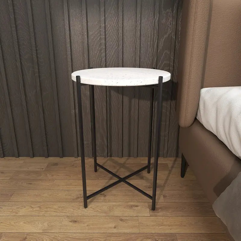 Table d'appoint ronde en terrazzo blanc avec pieds en fer noir – Unité