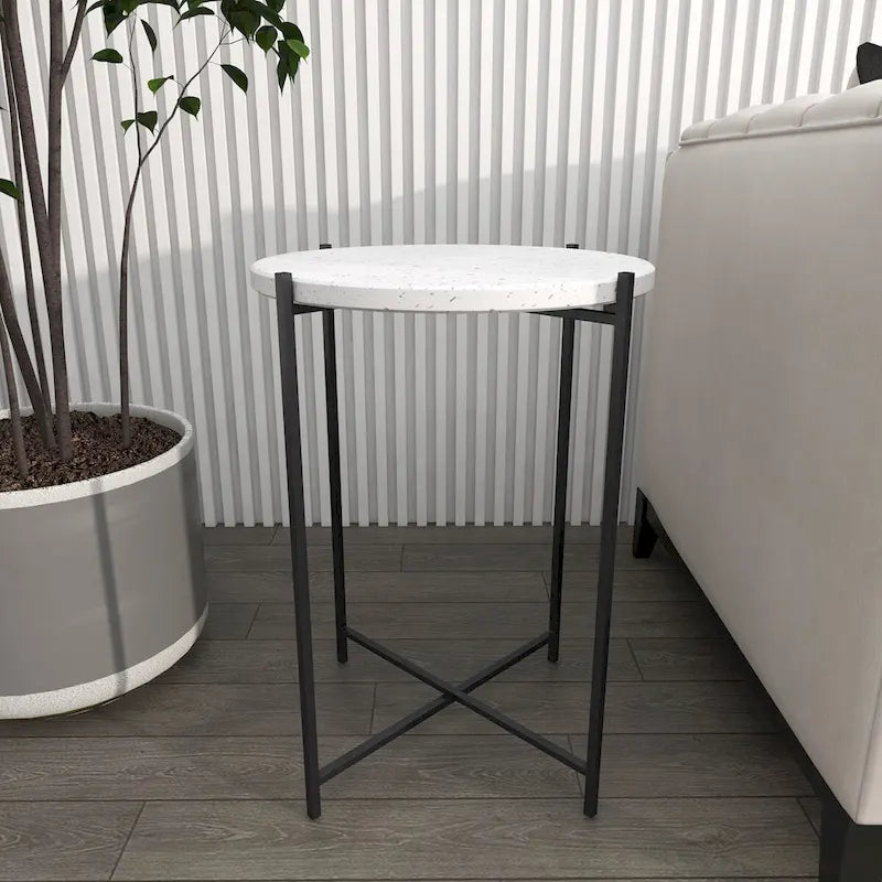 Table d'appoint ronde en terrazzo blanc avec pieds en fer noir – Unité