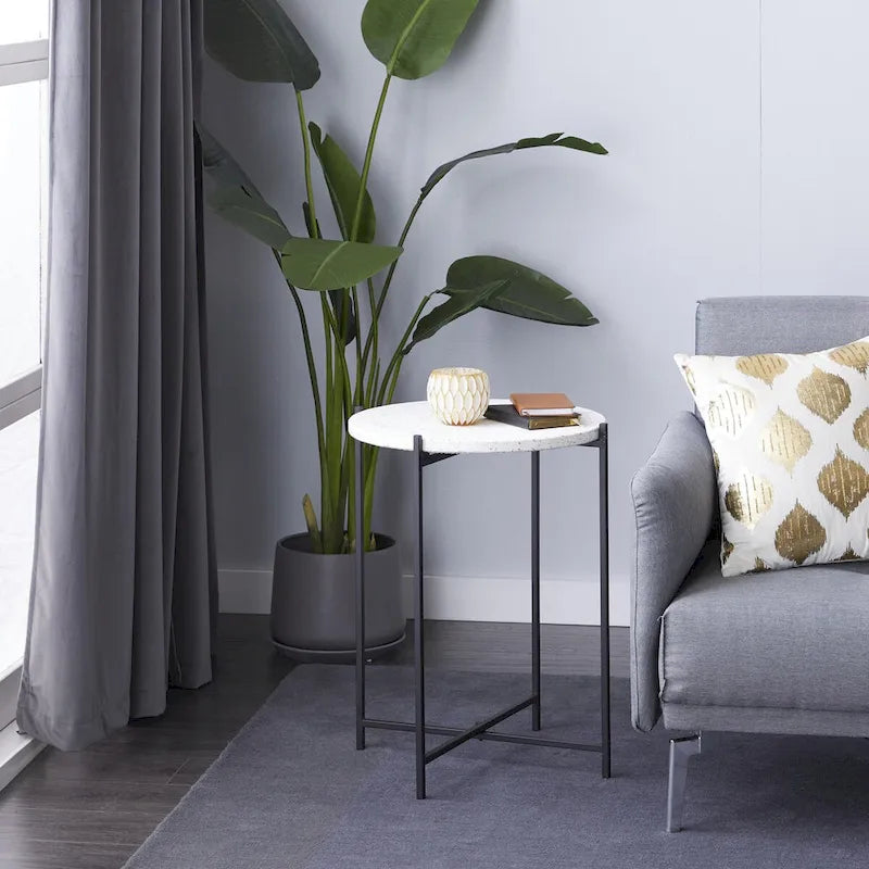 Table d'appoint ronde en terrazzo blanc avec pieds en fer noir – Unité