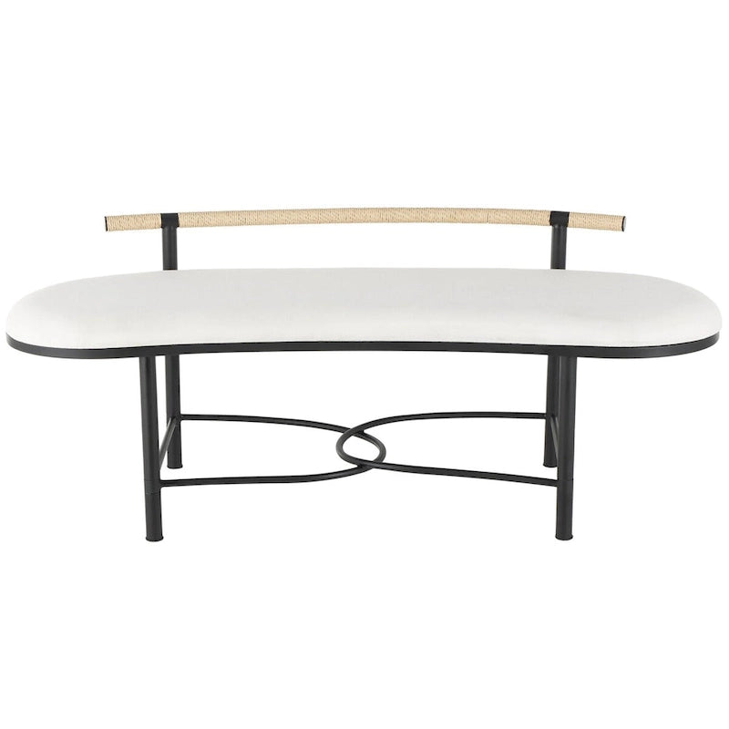 Metal Abstract Upholstered Oval Home Bench with Black Metal Frame and Rope Rod Backrest - White - Roche River Decor