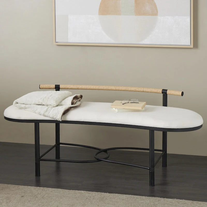 Banc ovale blanc rembourré avec cadre en métal noir et dossier en corde – 3 places