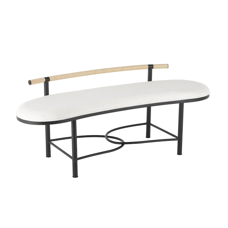 Banc ovale blanc rembourré avec cadre en métal noir et dossier en corde – 3 places