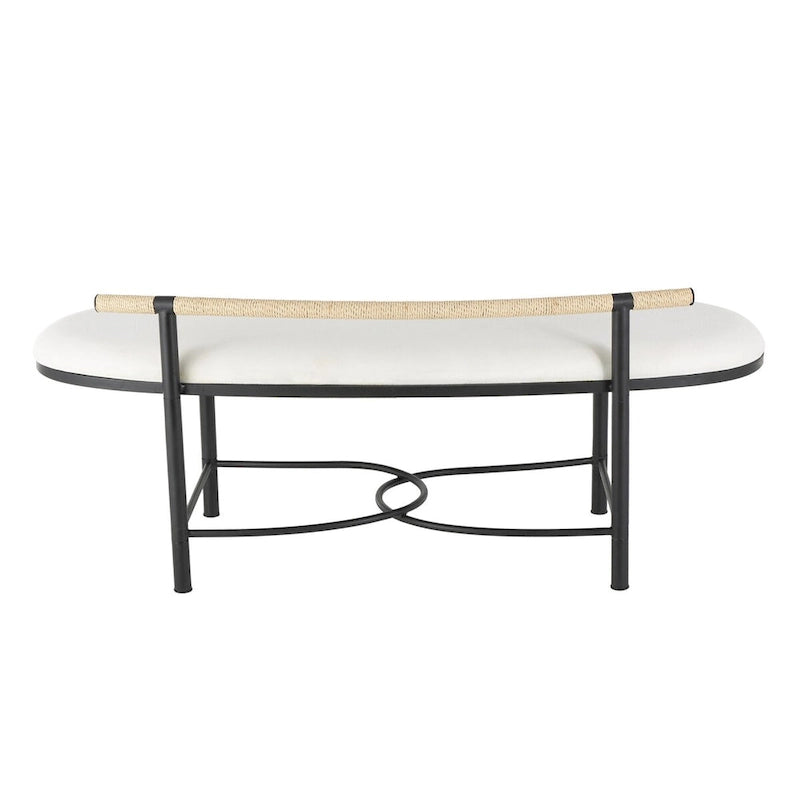 Banc ovale blanc rembourré avec cadre en métal noir et dossier en corde – 3 places