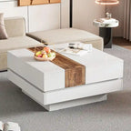 Table basse carrée laquée blanc/noir avec plateau coulissant et rangement dissimulé – 80 cm