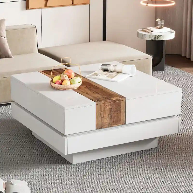 Table basse carrée laquée blanc/noir avec plateau coulissant et rangement dissimulé – 80 cm