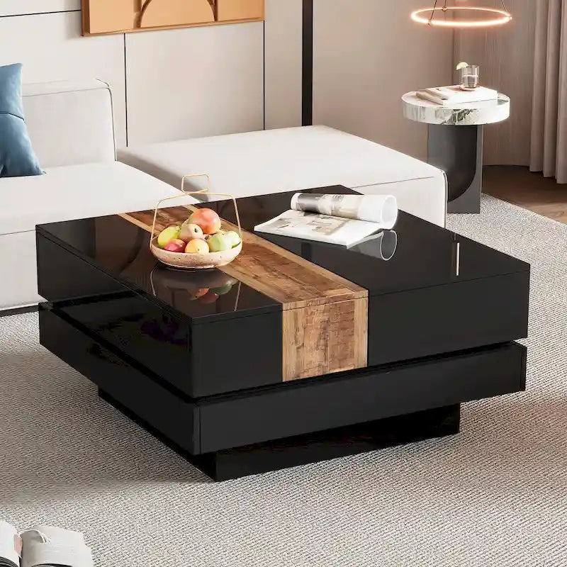 Table basse carrée laquée blanc/noir avec plateau coulissant et rangement dissimulé – 80 cm