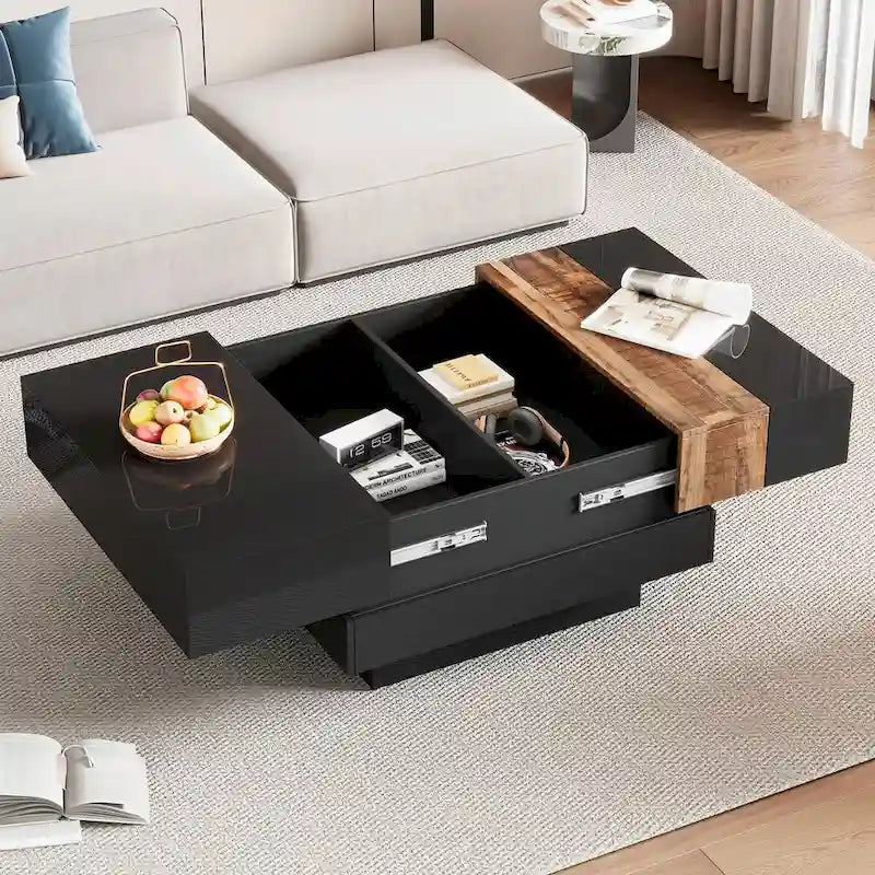 Table basse carrée laquée blanc/noir avec plateau coulissant et rangement dissimulé – 80 cm