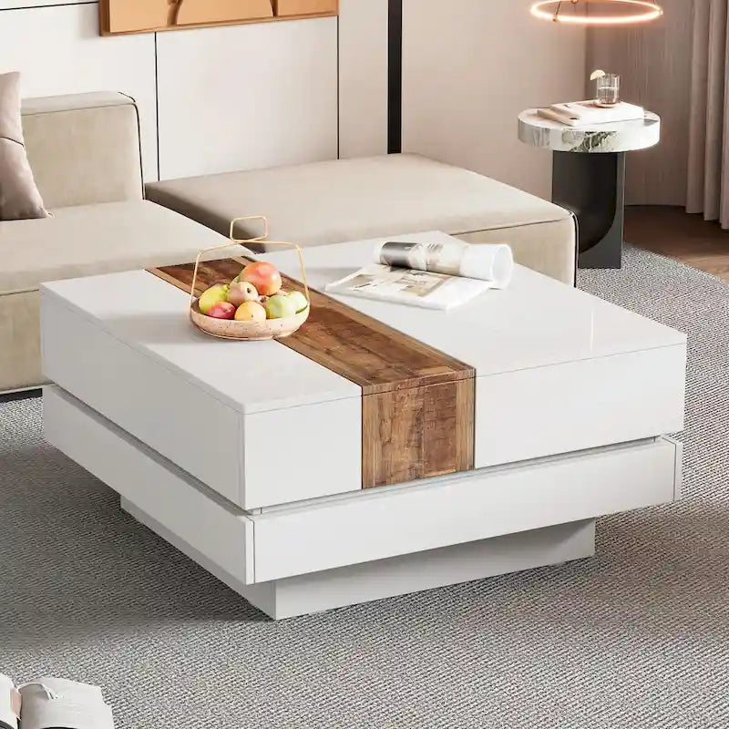 Table basse carrée laquée blanc/noir avec plateau coulissant et rangement dissimulé – 80 cm