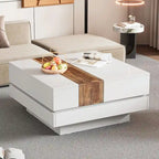 Table basse carrée laquée blanc/noir avec plateau coulissant et rangement dissimulé – 80 cm