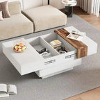 Table basse carrée laquée blanc/noir avec plateau coulissant et rangement dissimulé – 80 cm