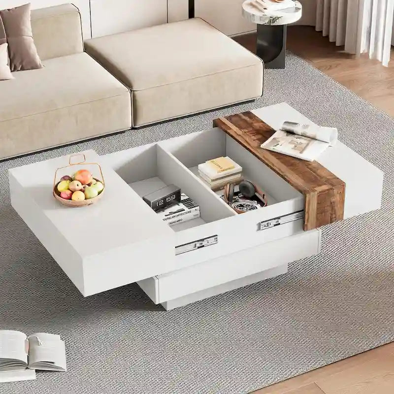 Table basse carrée laquée blanc/noir avec plateau coulissant et rangement dissimulé – 80 cm