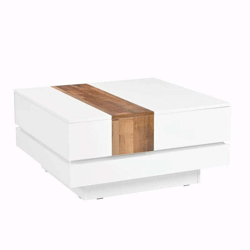 Table basse carrée laquée blanc/noir avec plateau coulissant et rangement dissimulé – 80 cm