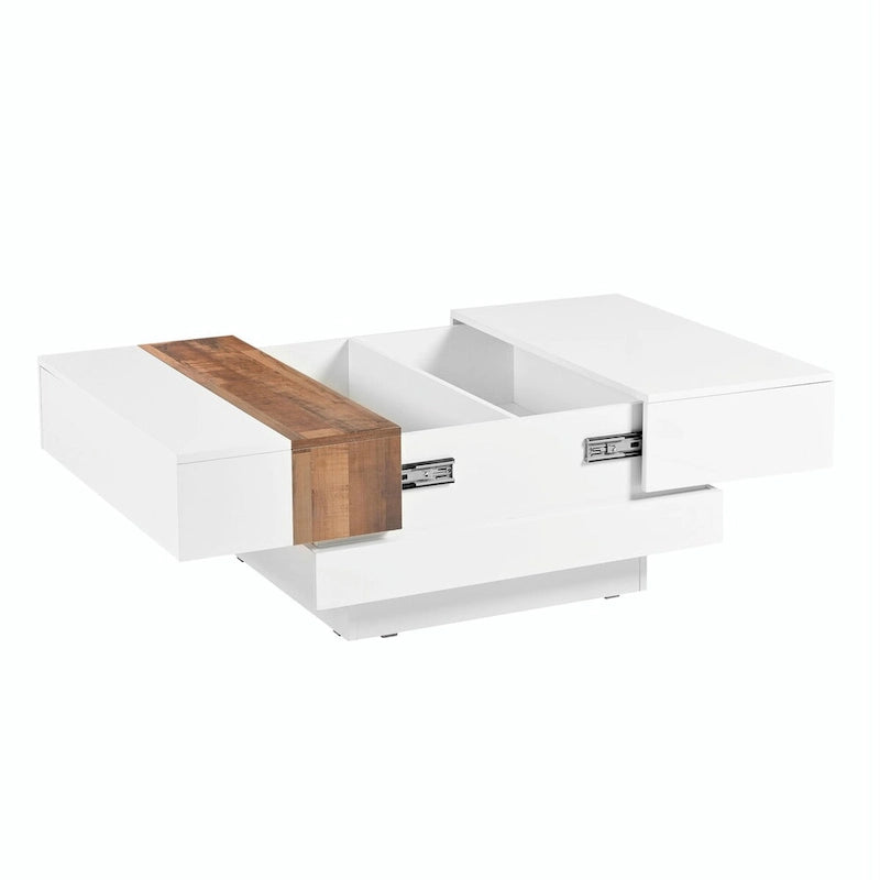 Table basse carrée laquée blanc/noir avec plateau coulissant et rangement dissimulé – 80 cm