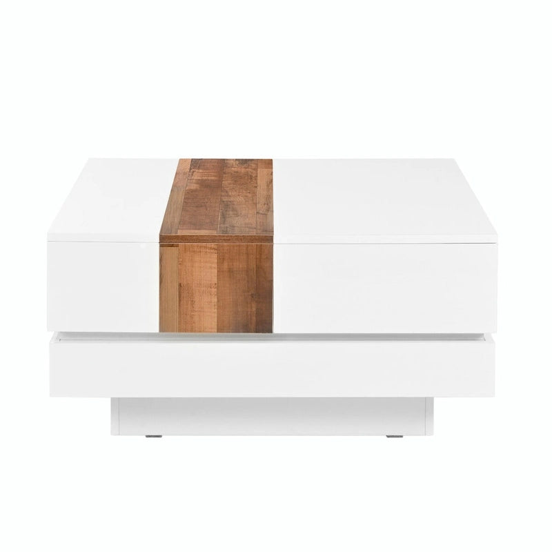 Table basse carrée laquée blanc/noir avec plateau coulissant et rangement dissimulé – 80 cm