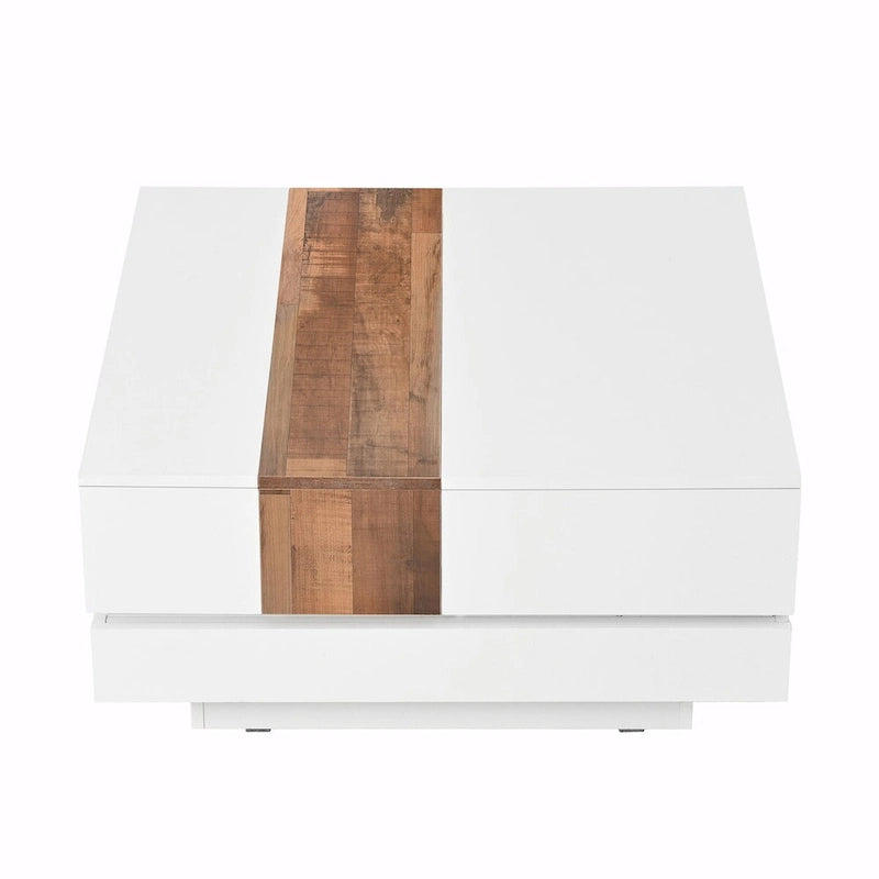 Table basse carrée laquée blanc/noir avec plateau coulissant et rangement dissimulé – 80 cm